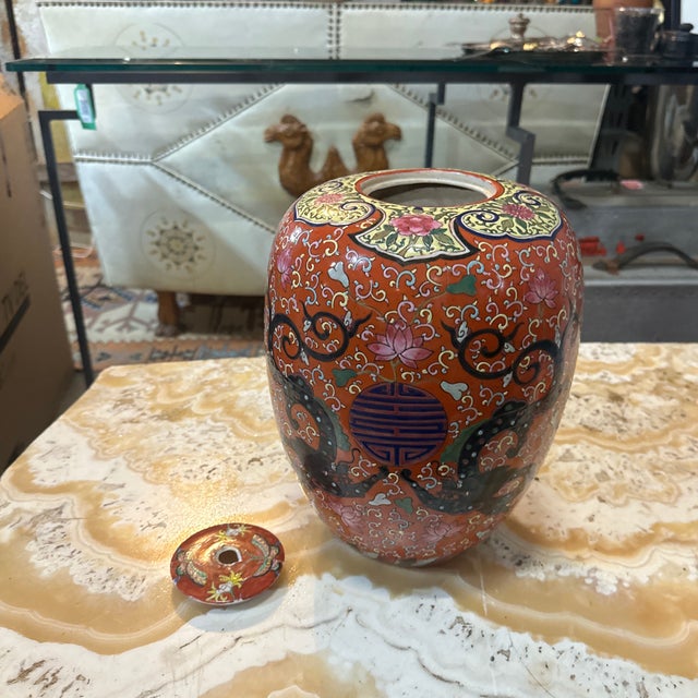 Asian Vintage Asian Style Large Ceramic Red Detailed Vase With Lid, Condition Issues on Lid For Sale - Image 3 of 7