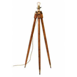 Vintage Surveyor’s Tripod Floor Lamp in Oak With Brass Hardware, 61” H For Sale