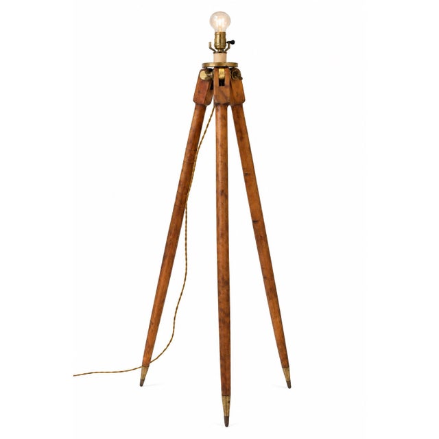 Vintage Surveyor’s Tripod Floor Lamp in Oak With Brass Hardware, 61” H For Sale