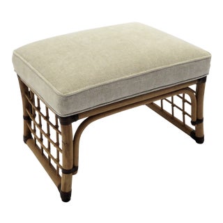 McGuire Style Rustic Style Chenille Upholstered Rattan Wood Ottoman For Sale
