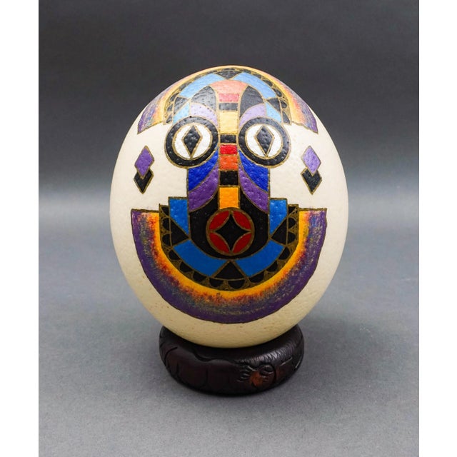 Misha Zimbabwe Zambia South Africa Hand Painted Barotse Water Spirit Mask Ostrich Egg & Stand Measures approximately 5...