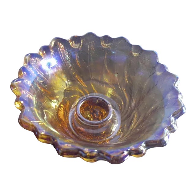 1970s Vintage Indiana Glass Iridescent Marigold Single Taper Candle Holder For Sale