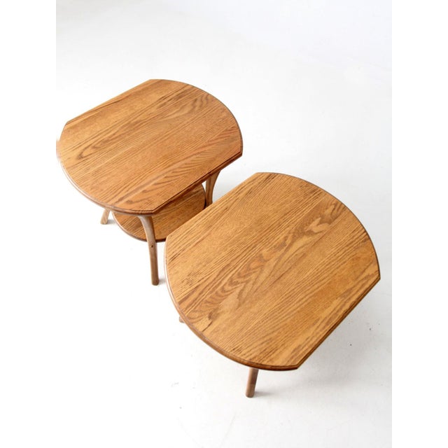Farmhouse Vintage Oak Side Tables With Carved Wheat Sheaf Apron Pair For Sale - Image 3 of 9