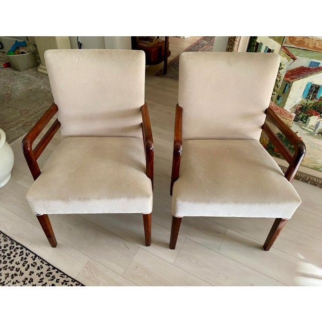 1940s Pair of Art Deco Mahogany Upholstered Chairs With Mahogany Wood Double Arms For Sale In New York - Image 6 of 7
