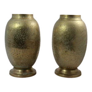 Pair of Antique Chinese Etched Solid Brass Vases