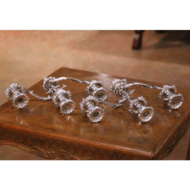 Pair of French Rococo Style Silver Plated Three-Light Candelabras For Sale - Image 9 of 13