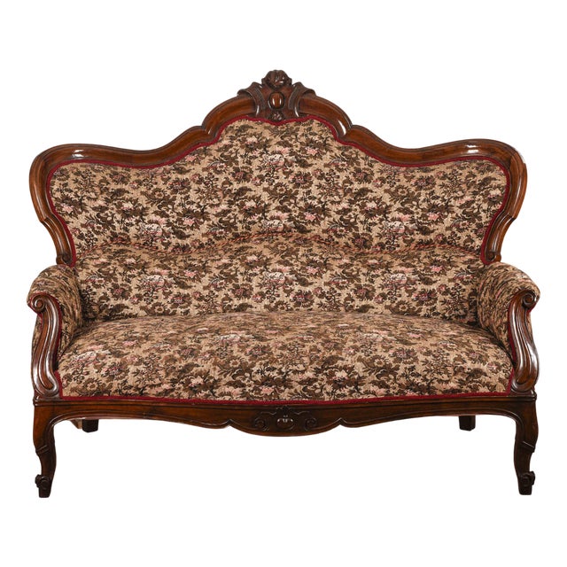 Louis Philippe Damask Sofa in Carved Solid Walnut For Sale