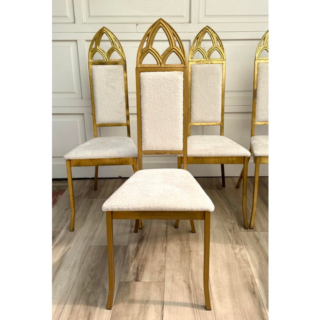 Metal Set of 6 Hollywood Regency Gothic Revival Gilt Dining Chairs With Bouclé Upholstery For Sale - Image 7 of 18
