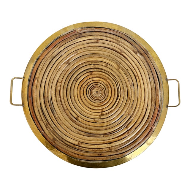 Large 1960s Round Gabriella Crespie Style Reeded Brass Tray For Sale