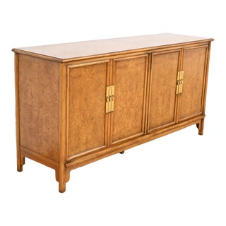 Michael Taylor for Baker Furniture Far East Collection Hollywood Regency Chinoiserie Burl Wood Sideboard Credenza, Circa 1960s For Sale