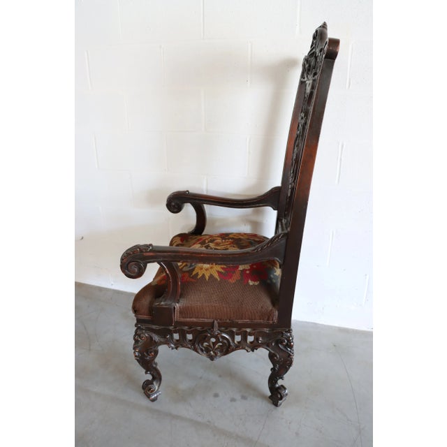 Wood Victorian Walnut & Needlepoint Throne Chair For Sale - Image 7 of 8