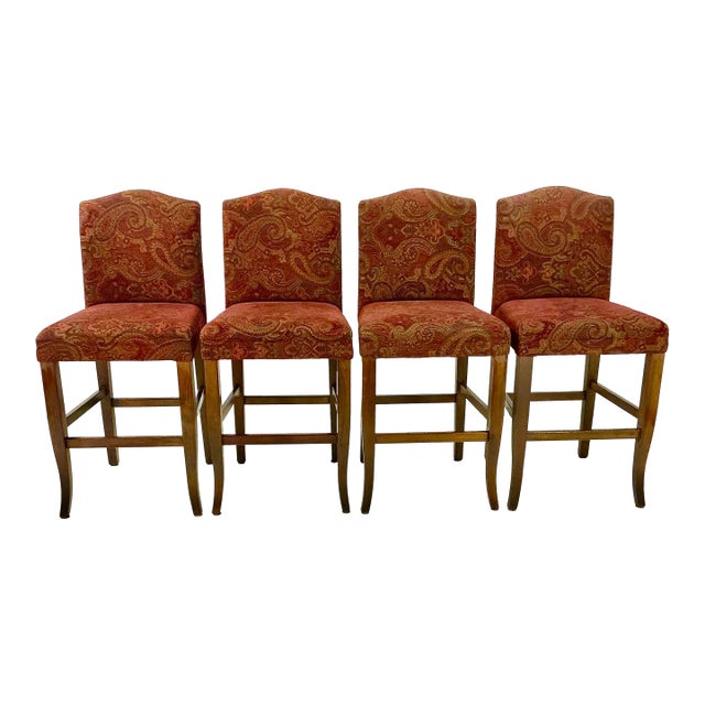 198-S Vintage Rustic European Italian Boho Chic Upholstered Bar Stools - Set of 4. For Sale
