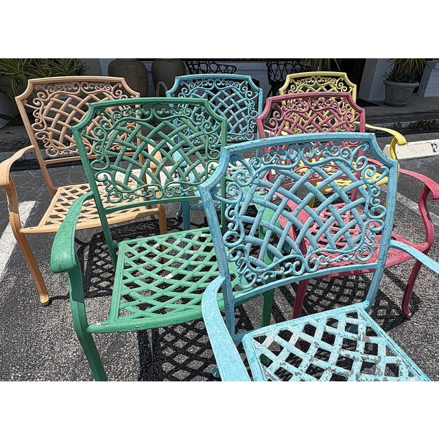 Vintage Cast Aluminum Brightly Painted Outdoor Armchairs- Set of 6 For Sale - Image 13 of 18