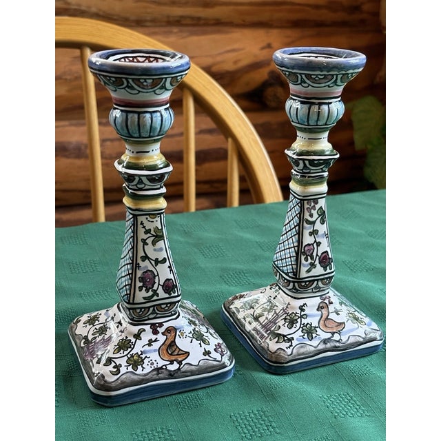 1990s Vintage MCM Floral Hand Painted Portugal Candlesticks -Pair For Sale - Image 5 of 6