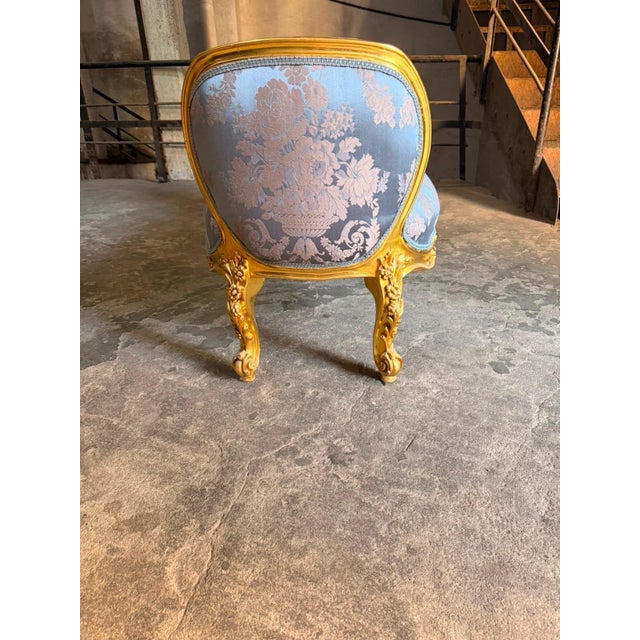 1960s Vintage French Boudoir Bench Blue Damask Upholstery For Sale - Image 5 of 7