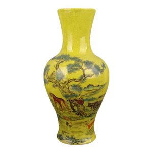 Antique Chinese Ceramic Qing Dynasty Qianlong Marked Yellow Ground Crackle Glaze Porcelain Vase Hand Painted Twelve Chinese Zodiac Signs Pattern