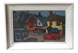 New England Modernist Village Scene Oil on Board