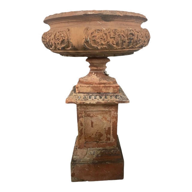 Vintage Neoclassical Terracotta Tazza Urn on Pedestal For Sale