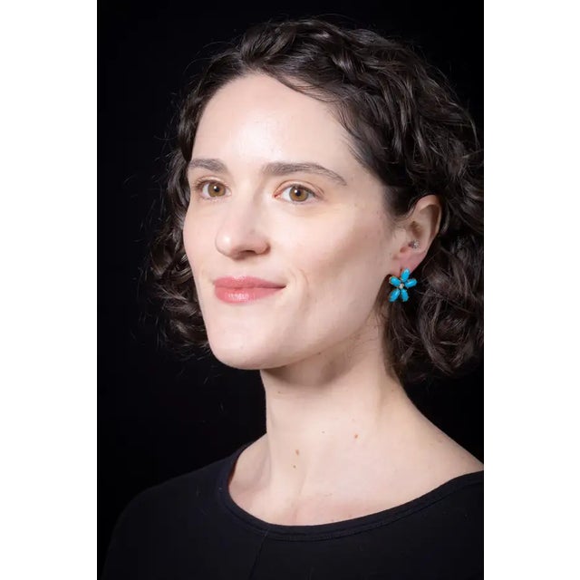Turquoise and Diamond Stud Flower Earrings For Sale - Image 4 of 4