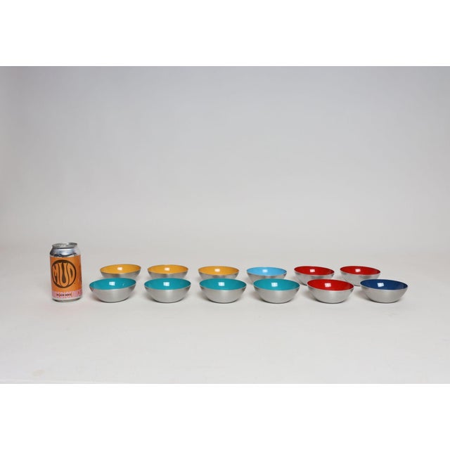 Metal Set of Twelve Small Danish Modern Enamel and Brushed Aluminum Snack Bowls For Sale - Image 7 of 18