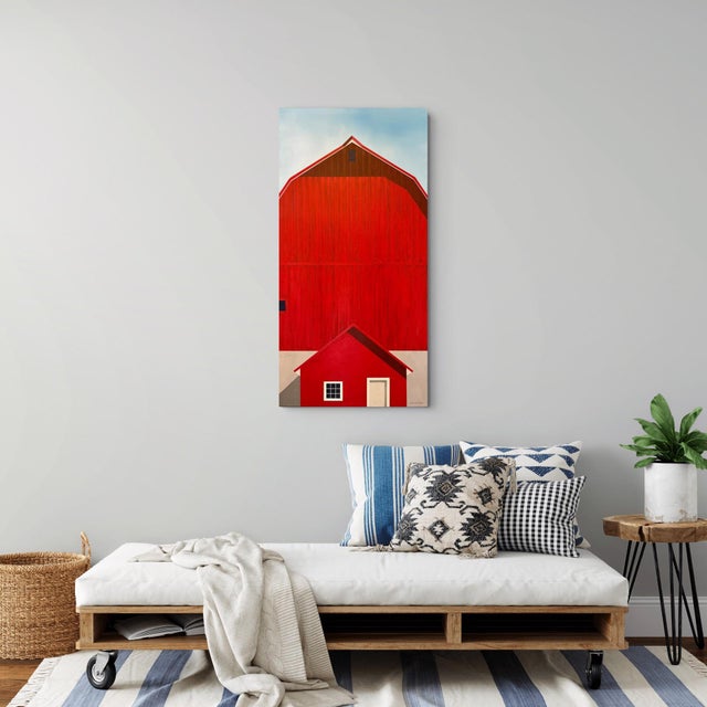 Still the Heartland by Justin Wheatley | Acrylic on Canvas Red Barn With Blue Sky For Sale - Image 9 of 10