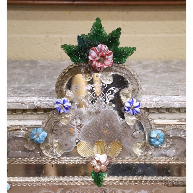 Italian 19th Century Venetian Cushion Overlay Wall Mirror With Murano Glass Flowers For Sale - Image 3 of 12