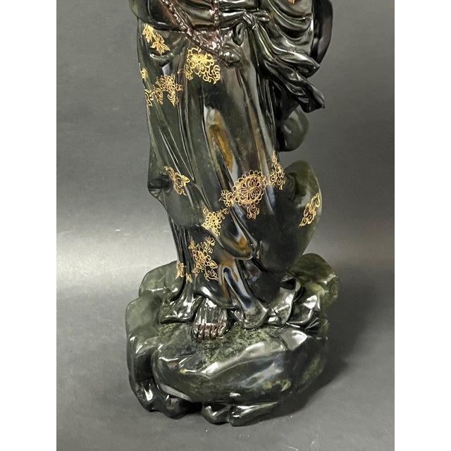 Chinese Chinese Art Large Carved Dark Green Soapstone Bodhidharma Statue For Sale - Image 3 of 13