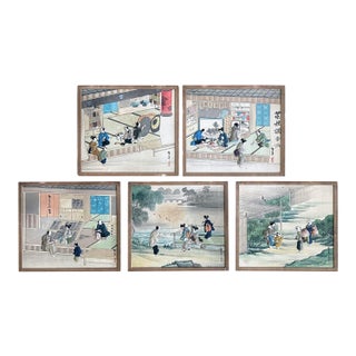 Rare Five Japanese Signed Oshi-E Textile Art Panels Meiji Period For Sale