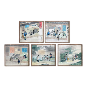 Rare Five Japanese Signed Oshi-E Textile Art Panels Meiji Period