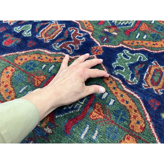 Green & Navy Blue Geometric Tribal Wool Area Rug, 5' X 6'7" For Sale - Image 13 of 16