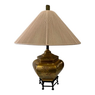 Vintage Hand-Painted Brass Chinoiserie Lamp With Corded Shade For Sale
