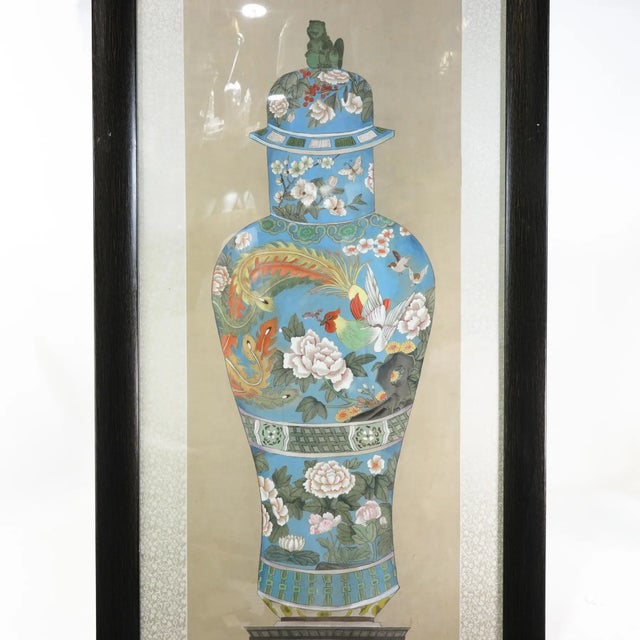 Set of four Chinese paintings, each depicting a large lidded vase with intricate floral and figural designs in rich pastel...