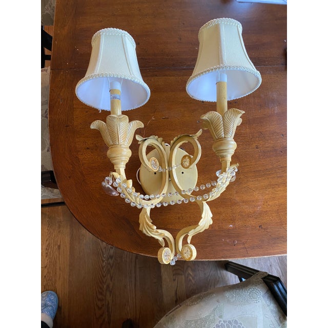 Champagne Pair of Contemporary Crystal and Wrought Iron Hand Painted Sconces With Shades For Sale - Image 8 of 11