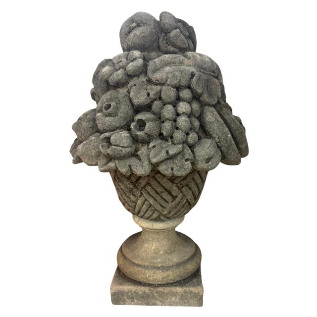 Vintage Classical Cast Stone Fruit & Floral Urn Finial / Garden Basket Sculpture For Sale - Image 4 of 11
