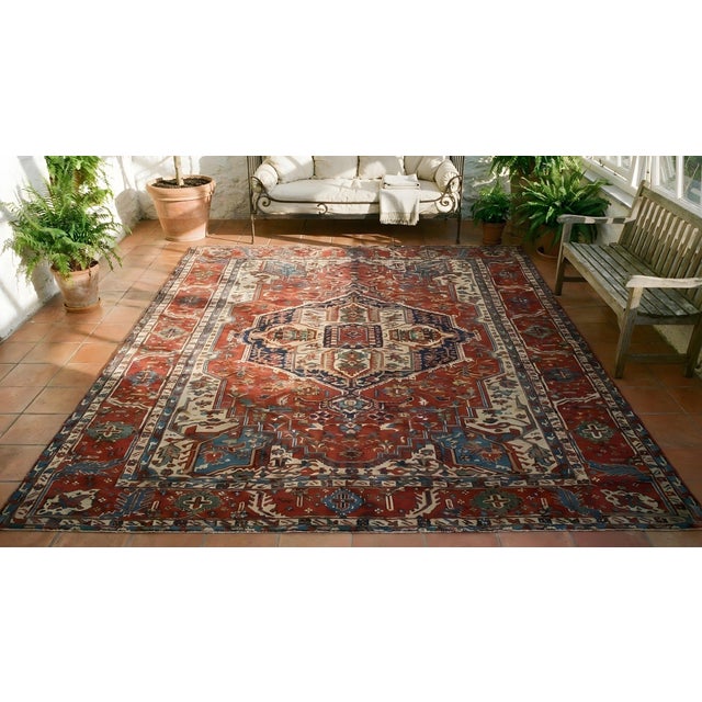 Red 1890s Red Rust Medallion Antique Persian Serapi Rug 12'3" X 15'10" Handknotted Wool Carpet For Sale - Image 8 of 9