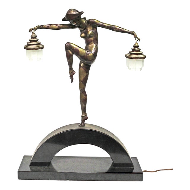 1990s Art Deco Style Bronze Harlequin Lamp For Sale
