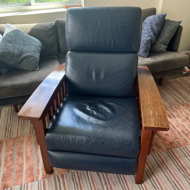 Ethan Allen Mission Style All Leather Blue Push Back Manual Recliner Chair Chairish