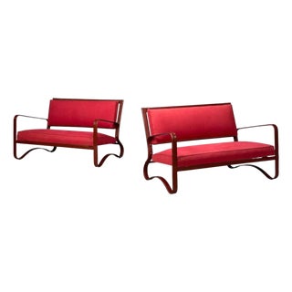 Jacques Adnet, Rare Two Seater Sofas, Leather, Steel, France, 1950s For Sale