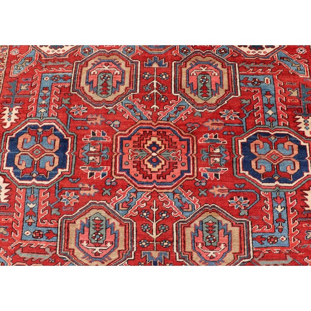 Antique Heriz Rug With Red Field, Geometric Tribal Motifs and Navy Blue Border 9'2 X 11'10 For Sale - Image 14 of 17