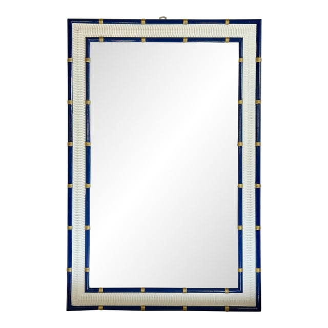 Vintage Palm Beach Regency Chinoiserie Blue and White Faux Bamboo and Wicker Wall Mirror With Gilt Accents Dorothy Draper Style - Newly Painted For Sale