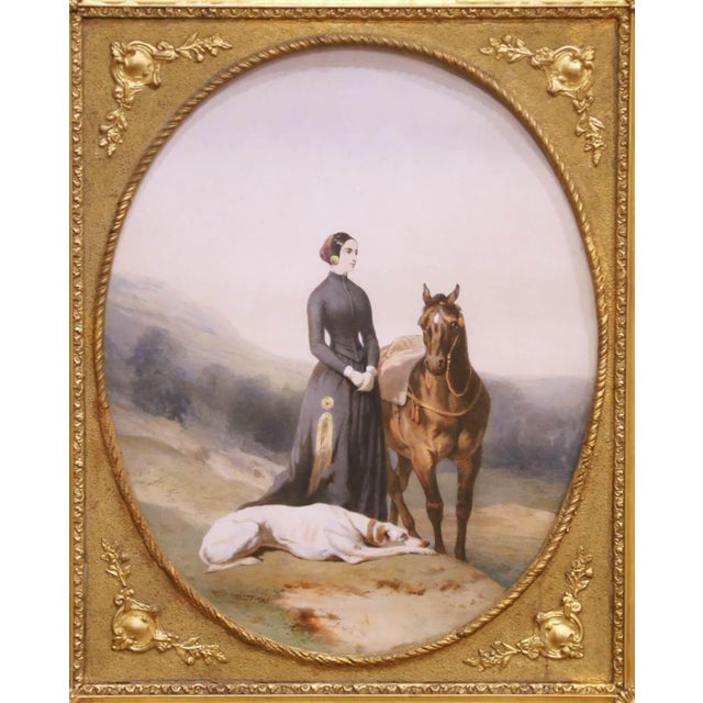 French 19th Century French Equestrian Portrait of Lady With Horse & Dog in Carved Frame For Sale - Image 3 of 7