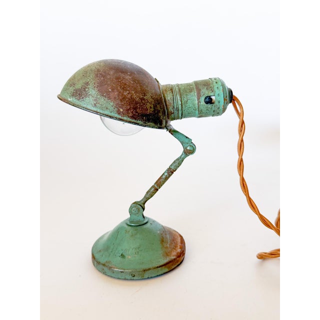Antique Industrial Turquoise Heavy Brass Shelf or Hang Task Lamp, Articulating For Sale - Image 4 of 15