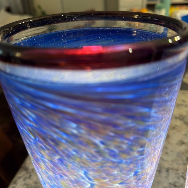 Pair of Signed Studio Art Murano Style Glass Lamps – Hand-Blown Cobalt Blue & Iridescent Glass, Dated 2006 An exceptional...