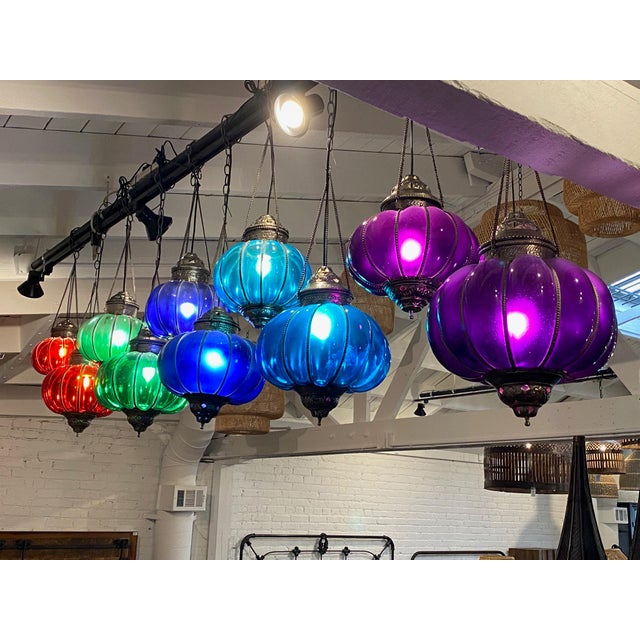 Mid 20th Century Vintage Indian Blue Glass Pumpkin Pendant Light For Sale - Image 5 of 5