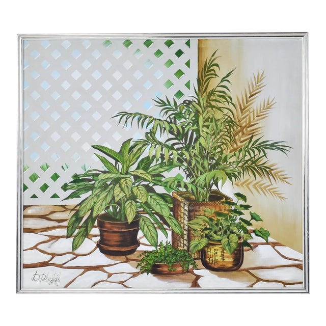 Vintage 1970s Large Green and White House Plant Painting by DeLongprie For Sale