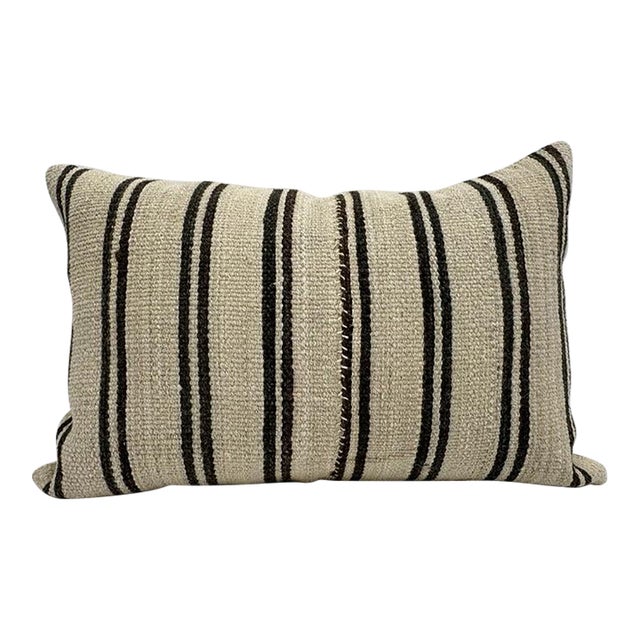 Turkish Hemp Pillow Cushion Natural Beige Black Pillow Cushion Cover 16" x 24" For Sale
