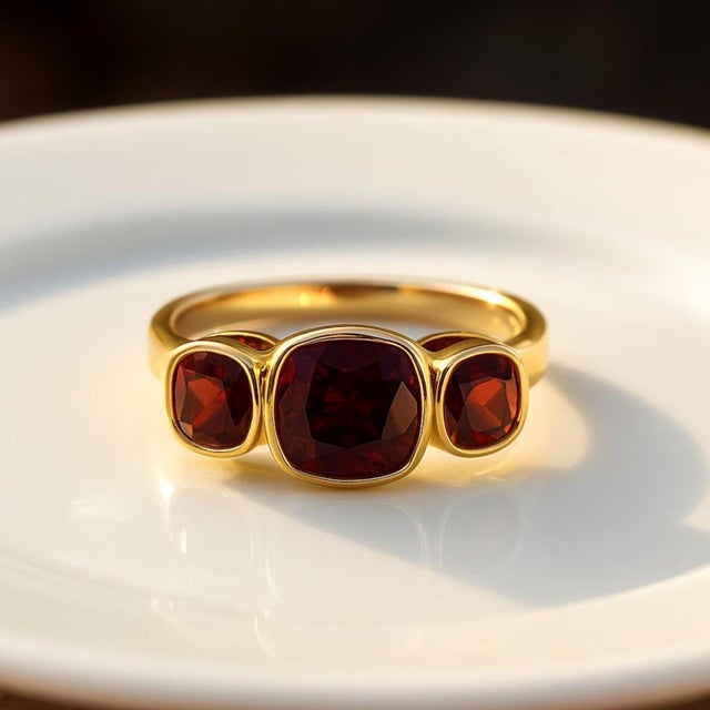 ❤️ Garnet Three-Stone Ring – Cushion-Cut Garnet Ring – January Birthstone Ring – Gold / Silver Garnet Ring Radiant, bold,...