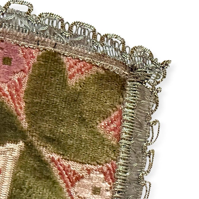 Vintage Japanese Gobelin Rose Tapestry Table Runner Olive Green Pink Metallic Trim For Sale In Dallas - Image 6 of 9