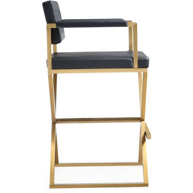 Transitional Director Black Vegan Leather & Gold Steel Bar Stool For Sale - Image 3 of 10