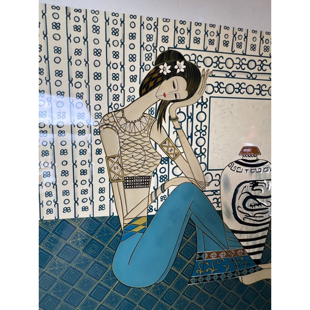 Vintage 1980s Postmodern Ting Shao Kuang Style Chinese Modern Large Wall Art Painting 36 X 36 For Sale - Image 4 of 11